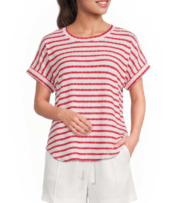 ブルーペッペーブルーペッパー レディース トップス プルオーバー 編み物 Blu Pepper Striped Short Sleeve Knitop Red 赤いこと