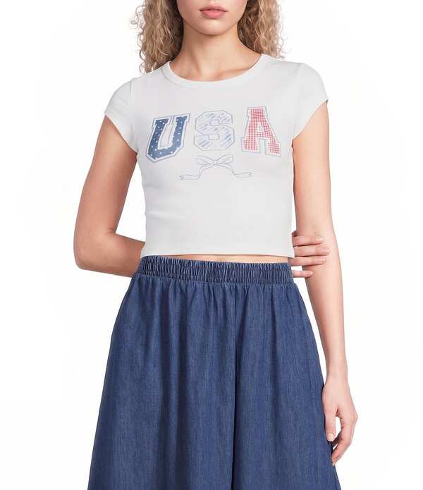 ブルーペッペーブルーペッパー レディース トップス プルオーバー クロップド グラフィック Blu Pepper Short Sleeve Graphic Bow Cropped Baby Tee Ivory 象牙色