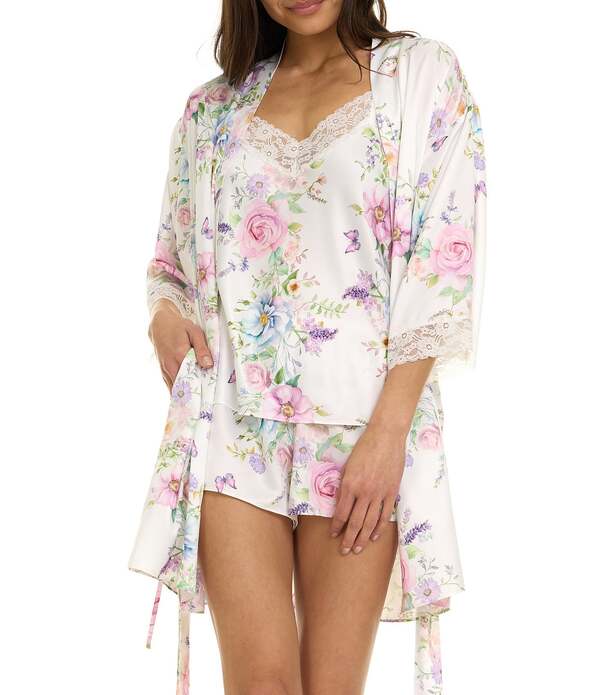 フローラニクルーズ レディース アンダーお召しもの ナイト爵お召しもの 御花柄 繻子 御花 Flora Nikrooz Sabrina Travel Satin Floral Cami \u0026 Shorty Robe Set Pearl パール
