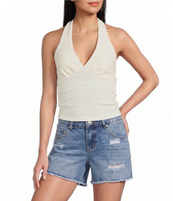 モアモア レディース トップス プルオーバー 刷り上げる ホルター Moa Halter Stripe Print Crop Top Ivory/Yellow 象牙色