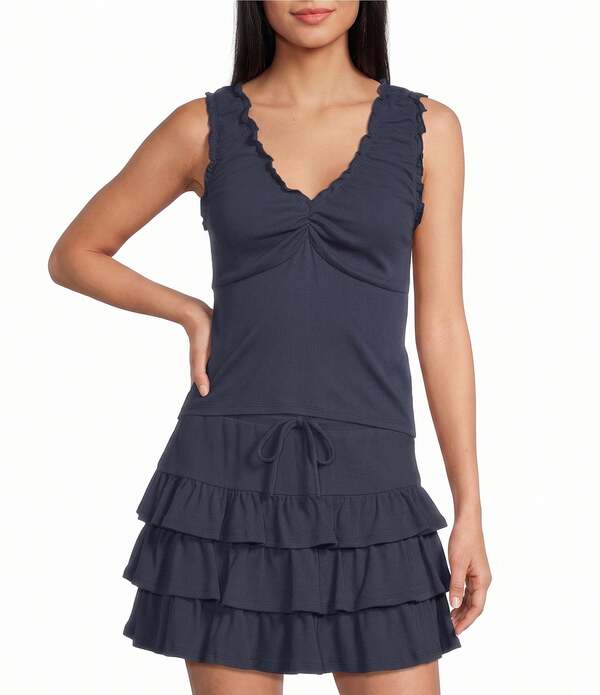 カッパーキー レディース トップス プルオーバー Vのど首 フラウンス 編み物 Copper Key V-Necknit Ruffle Detail Coordinating Tank Dark Navy 米国海軍