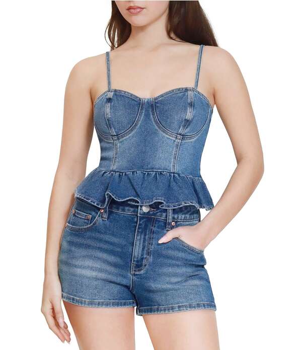 スティーブ マデン レディース トップス シャツ デニム ジーンズ Steve Madden Stevie Jeans Peplum Denim Bustier Top Medium Wash デニム|ReVida 店