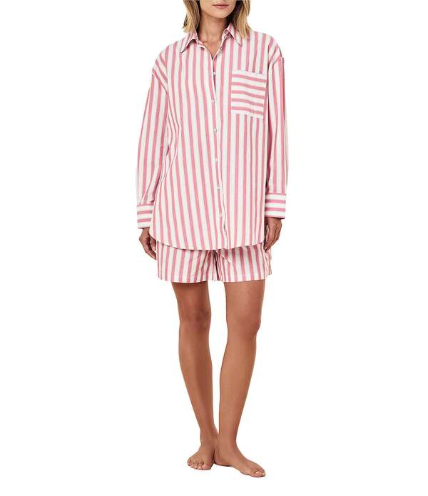 パピネール レディース アンダーお召しもの ナイト爵お召しもの Papinelle Striped Long Sleeve Notch Collar \u0026 Shorty Woven Pajama Set Raspberry 縞模様