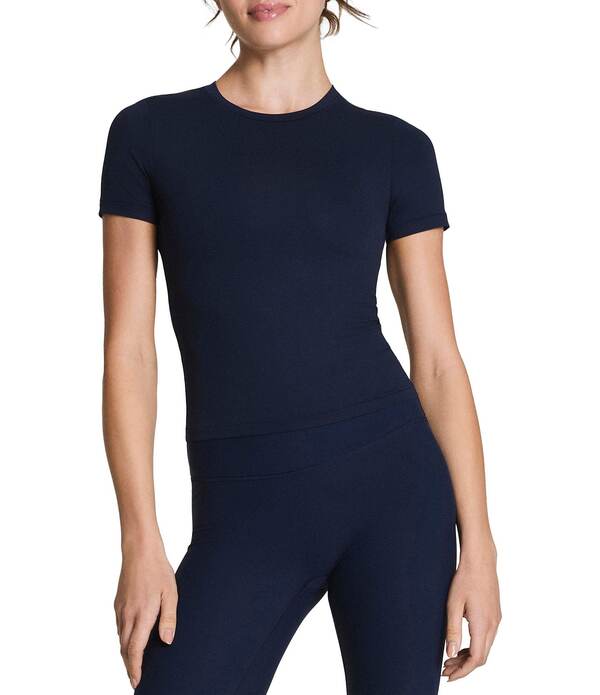 スパンク レディース トップス プルオーバー 編み物 Spanx BareNaked Knit Short Sleeve Crew Neckline Pullover Tee Timeless Navy 米国海軍