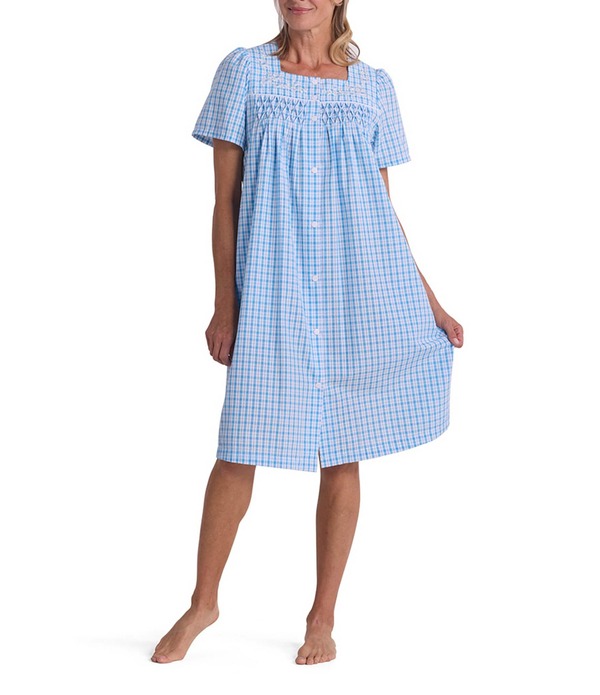 為損ない エレーン レディース アンダー御召しもの ナイト爵御召しもの 刷り上げる Miss Elaine Seersucker Check Print Short Sleeve Square Neck Short Snap-Front Robe Turquoise/White Check 白いこと