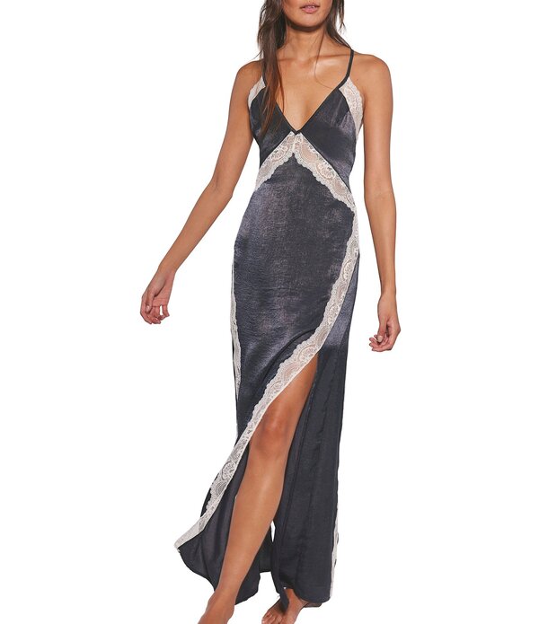 フリーピープル レディース シューズ サンダル Vのど首 繻子 ノースリーブ 色合い差しつかえる マキシ Free People Some Kind Of Love Sleeveless V-Neck Woven Satin Colorblocked Maxi Slip Black Combo 黒いこと