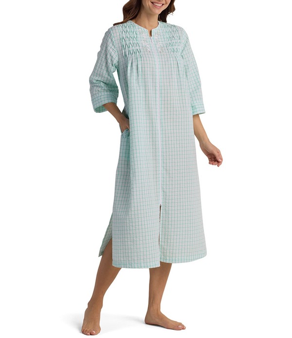 し損ない エレーン レディース アンダーお召しもの ナイト爵お召しもの 編み物 Miss Elaine Seersucker 3/4 Sleeve Long Checknit Zip Robe Mint/White Check 白いこと