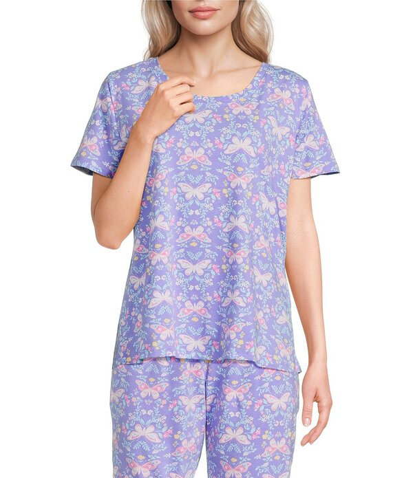 休止状態 感覚 レディース トップス カットソー 御花柄 刷り上げる 編み物 御花 Sleep Sense Butterfly Floral Print Short Sleeve Scoop Neck Coordinating Knit Sleep Top Butterfly Floral