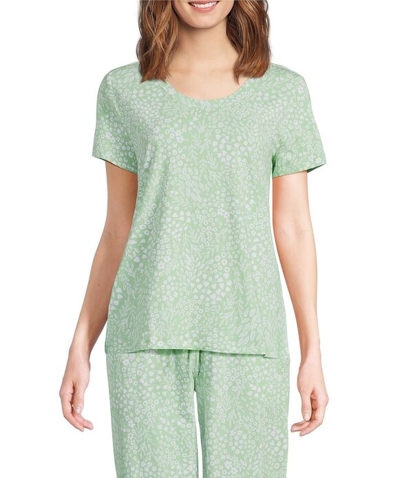 休止状態 感覚 レディース トップス カットソー 御花柄 刷り上げる 編み物 御花 Sleep Sense Ditsy Floral Print Short Sleeve Scoop Neck Coordinating Knit Sleep Top Green Ditsy 緑であること