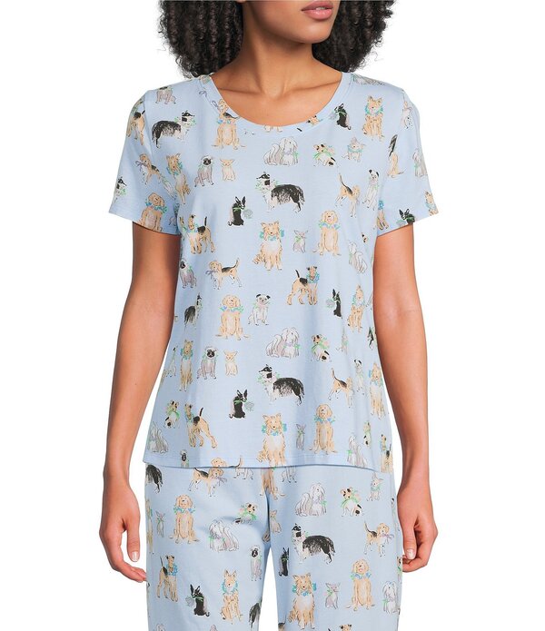 休止状態 感覚 レディース トップス カットソー 刷り上げる 編み物 Sleep Sense Watercolor Puprint Short Sleeve Scoop Neck Coordinating Knit Sleep Top Watercolor Pup