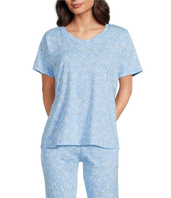 休止状態 感覚 レディース トップス カットソー 刷り上げる 編み物 Sleep Sense Daisy Print Short Sleeve Scoop Necknit Coordinating Sleep Top Blue Daisy 青碧