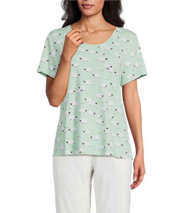 休止状態 感覚 レディース トップス カットソー 刷り上げる 編み物 Sleep Sense Sheeprint Short Sleeve Scoop Necknit Coordinating Sleep Top Green Sheep 緑であること
