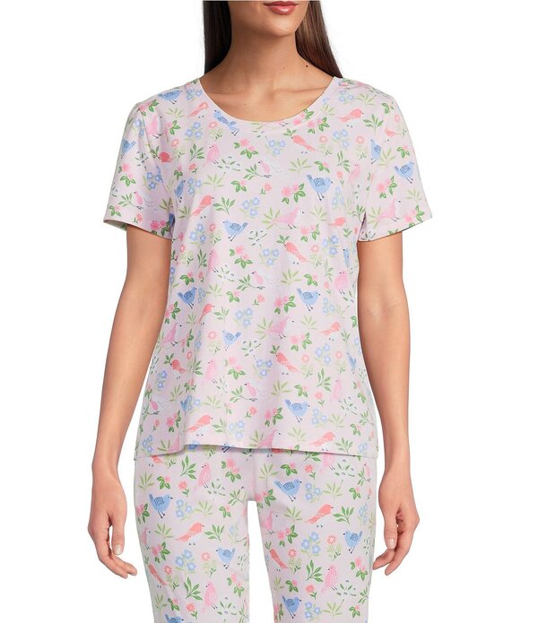 休止状態 感覚 レディース トップス カットソー 刷り上げる 編み物 Sleep Sense Bird Song Print Short Sleeve Scoop Necknit Coordinating Sleep Top Bird Song