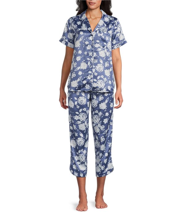 カベルネ レディース アンダーお召しもの ナイト爵お召しもの 御花柄 繻子 旗がしら 御花 Cabernet Satin Floral Short Sleeve Button Front Notch Collar Capri Pajama Set Blue Hydrangea 青色