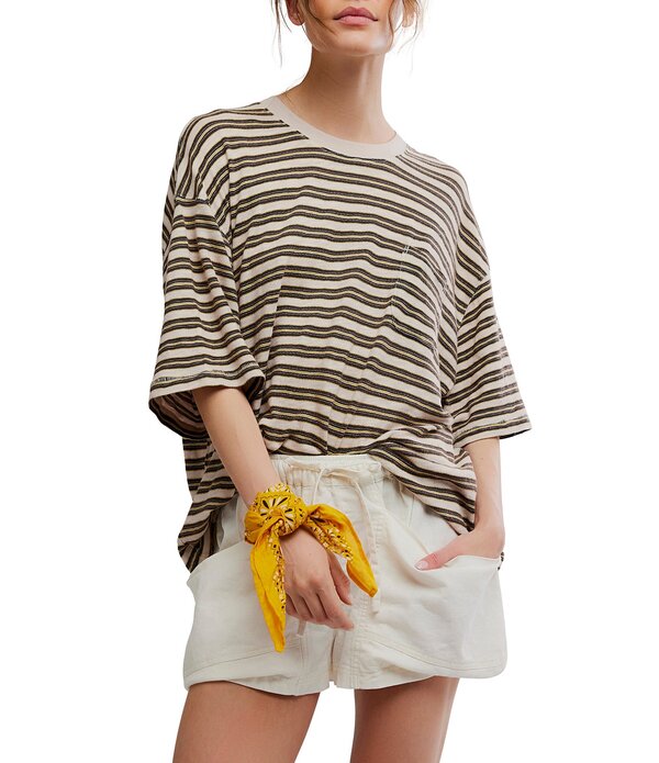 フリーピープル レディース トップス プルオーバー 刷り上げる Free People Allove Stripe Print Front Pocket Scoop Neck Short Sleeve Tee Tea Combo 縞模様