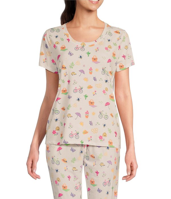 静止状態 検出 レディース トップス カットソー 刷り上げる Sleep Sense Tossed Spring Print Short Sleeve Scoop Neck Coordinating Sleep Top Tossed Spring