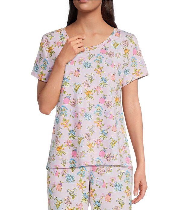静止状態 検出 レディース トップス カットソー 刷り上げる Sleep Sense Flower Stamprint Short Sleeve Scoop Neck Coordinating Sleep Top Flower Stamp