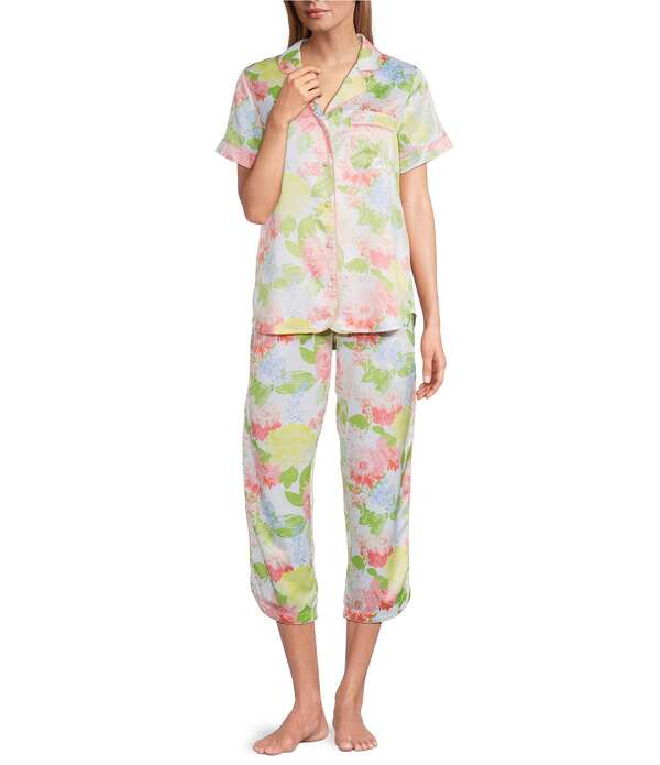 カベルネ レディース アンダーお召しもの ナイト爵お召しもの 御花柄 刷り上げる 繻子 御花 Cabernet Satin Floral Print Short Sleeve Notch Collar \u0026 Pant Pajama Set Big Floral