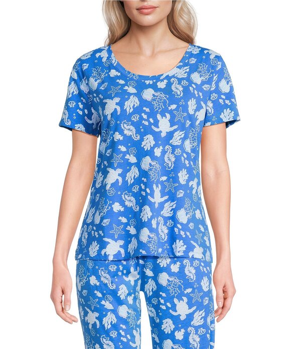 静止状態 検出 レディース トップス カットソー 刷り上げる Sleep Sense Turtle Print Short Sleeve Scoop Neck Coordinating Sleep Top Turtles