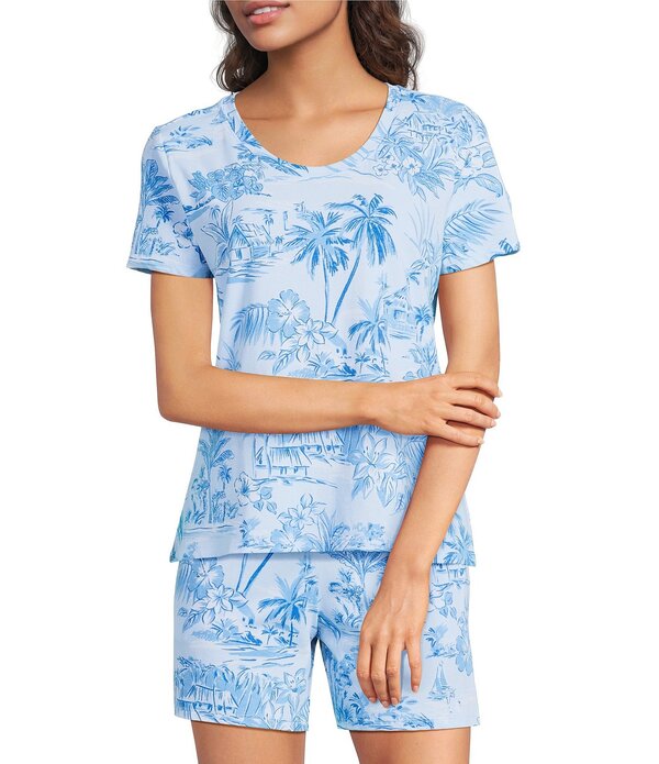 静止状態 検出 レディース トップス カットソー 刷り上げる Sleep Sense Beach Toile Print Short Sleeve Scoop Neck Coordinating Sleep Top Beach Toile