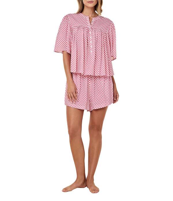 パピネール レディース アンダー御召しもの ナイト爵御召しもの Papinelle Anais Woven Short Sleeve Round Neck Checkered Shorty Pajama Set Raspberry 照合のしるし