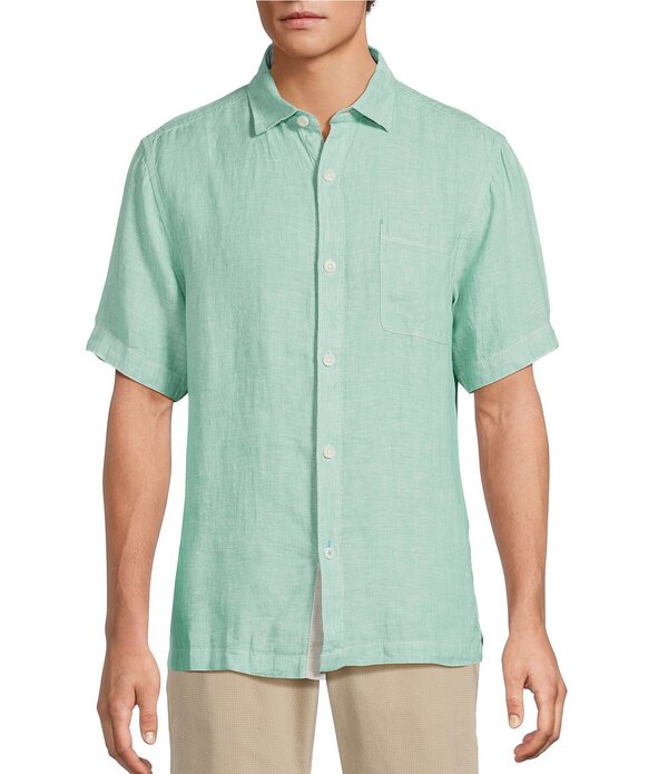 トッミーバハマ メンズ トップス プルオーバー リネン Tommy Bahama Linen Paradise Breezer Short Sleeve Woven Shirt Light Neptune Green 緑であること