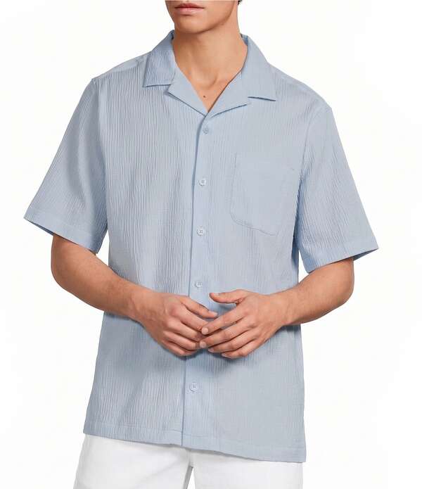 カリビアン メンズ トップス ティーシャツ トール Caribbean Big \u0026 Tall Seersucker Short Sleeve Woven Camp Shirt Light Periwinkle