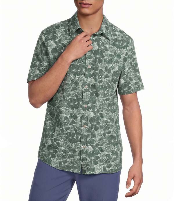 ラウン メンズ トップス プルオーバー プッディングトール Rowm Big \u0026 Tall Performance Rec + Relax Short Sleeve Tropical Printextured Shirt Antique Green 緑であること