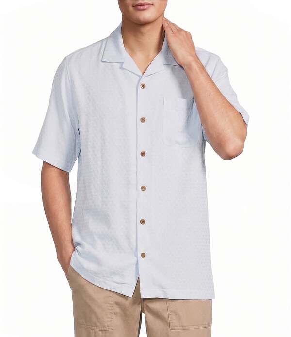 カリビアン メンズ トップス ティーシャツ プッディングトール Caribbean Big \u0026 Tall Short Sleeve Micro Print Woven Camp Shirt Light Blue 青碧