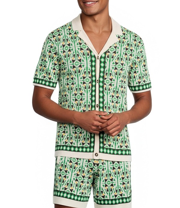 ムラノ メンズ トップス プルオーバー Muranoaxaca Collection Coordinating Short Sleeve Jacquard Camp Shirt Shamrock Green 緑であること