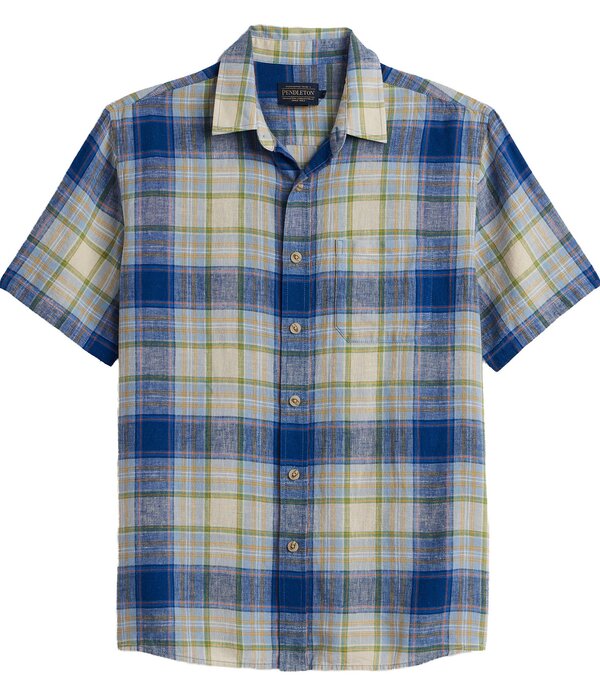 ペンドルトン メンズ トップス ティーシャツ リネン Pendleton Dawson Linen Medium Plaid Short Sleeve Woven Shirt Blue Multi Plaid 青碧