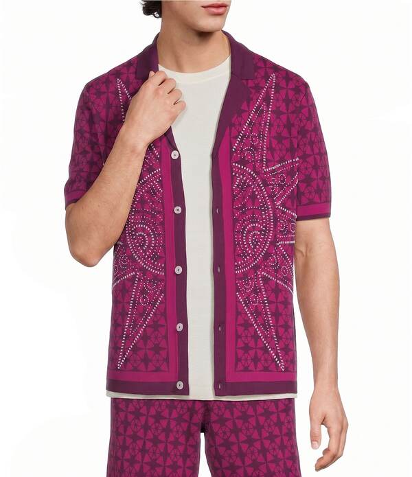 ムラノ メンズ トップス プルオーバー Muranoaxaca Collection Coordinating Jacquard Short Sleeve Woven Camp Shirt Sangria Purple パープル