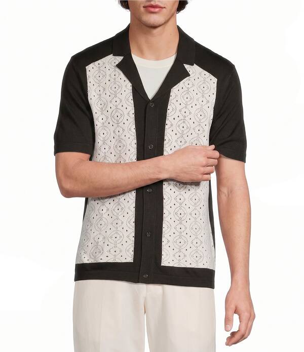 ムラノ メンズ トップス プルオーバー Muranoaxaca Collection Crochet Pieced Short Sleeve Woven Camp Shirt Black Coffee 黒いこと