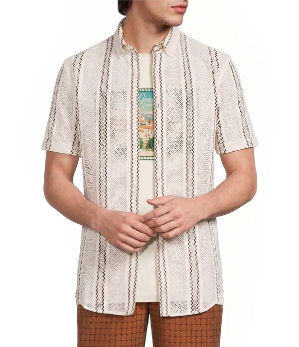 ムラノ メンズ トップス ティーシャツ Murano Seville Collection Classic Fit Stripe Short Sleeve Woven Shirt Eggshell 縞模様