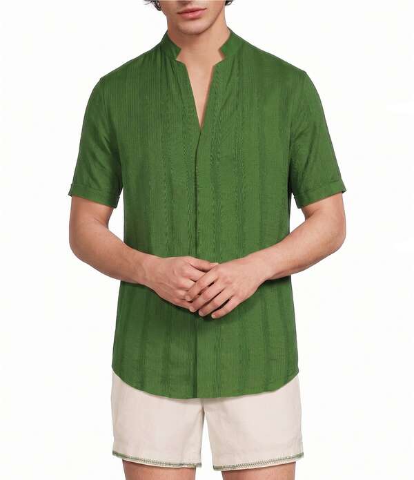 ムラノ メンズ トップス ティーシャツ Murano Seville Collection Seersucker Stripe Mandarin Collar Short Sleeve Woven Shirt Fern Green 緑であること