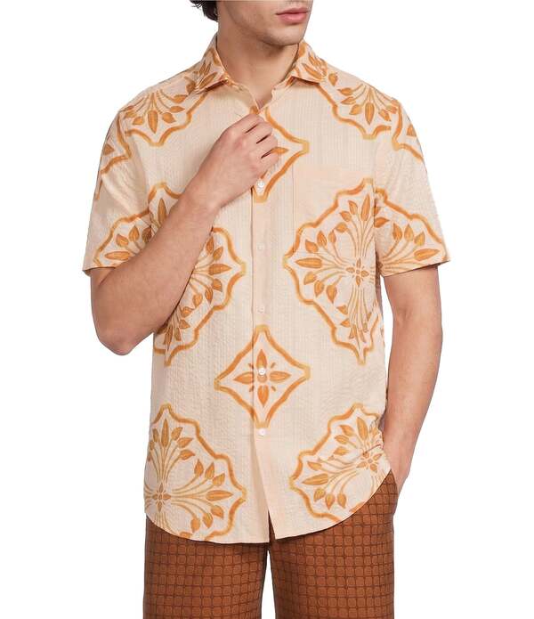 ムラノ メンズ トップス プルオーバー 刷り上げる Murano Seville Collection Seersucker Geo Print Short Sleeve Woven Shirtender Peach 桃