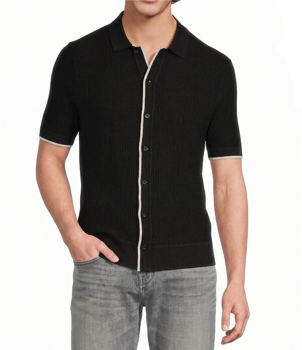 ムラノ メンズ トップス プルオーバー スウェーター 厚地の外套 編み物 Murano Tipped Sweater Knit Short Sleeve Coat Front Shirt Black 黒いこと