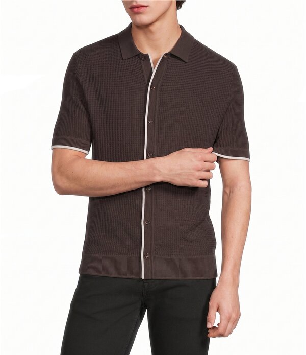 ムラノ メンズ トップス プルオーバー スウェーター 厚地の外套 編み物 Murano Tipped Sweater Knit Short Sleeve Coat Front Shirt Dark Cedar