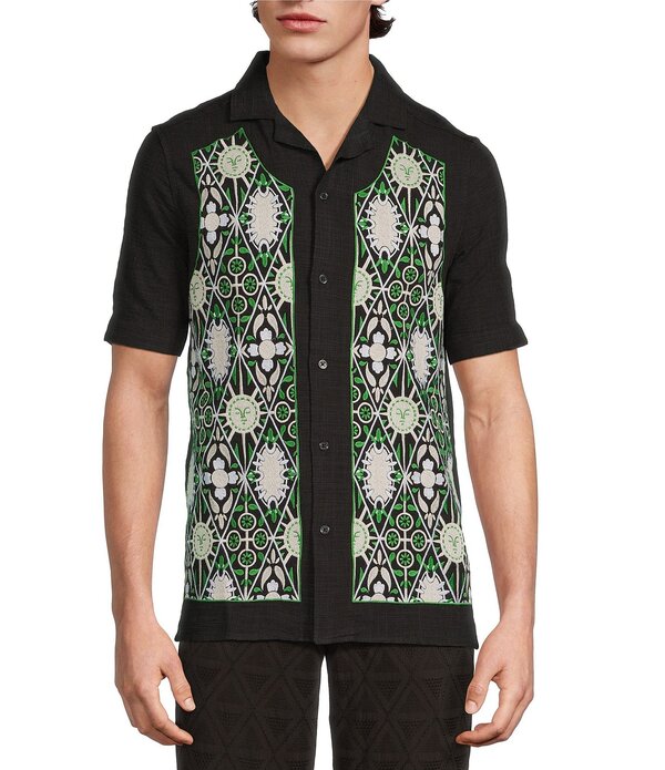 ムラノ メンズ トップス プルオーバー か細い填まる 刺しゅう Muranoaxaca Collection Slim Fit Embroidered Short Sleeve Woven Camp Shirt Black Coffee 黒いこと