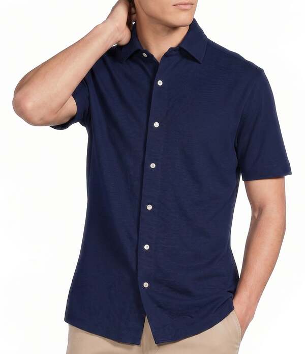 ダニエル クレミュ メンズ トップス シャツ オックスフォード ニット Cremieux Blue Label Solid Knit Oxford Short Sleeve Woven Shirt Peacoat ブルー|ReVida 店