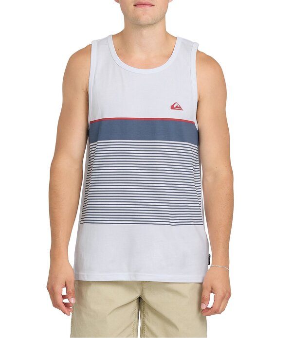クイックしろがね色 メンズ トップス プルオーバー 労働者の一団のど首 Quiksilver Tijuana Striped Crew Neck Tank White 白いこと