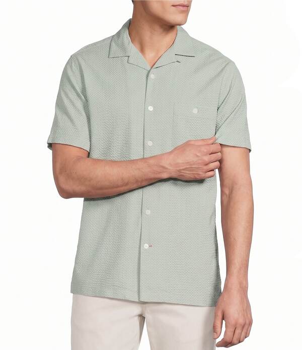 ダニエル クレミュ メンズ トップス プルオーバー 刷り上げる Cremieux Blue Label St. Barts Collection Geometric Print Short Sleeve Woven Camp Shirt Aqua Grey 薄墨色