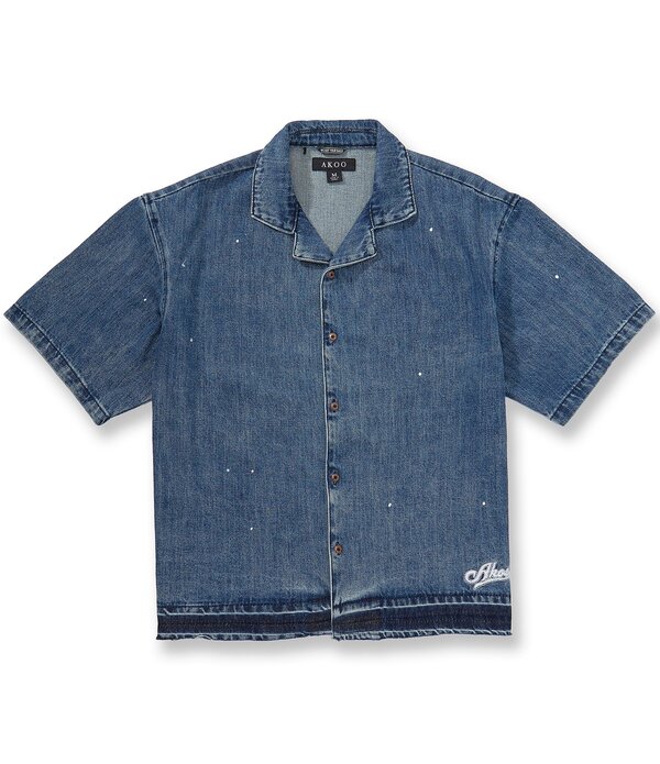 アクー メンズ トップス プルオーバー クロップド ジーンズ AKOO Denim Pattern Short Sleeve Cropped Relaxed Camp Collar Woven Shirt Bitters ジーンズ