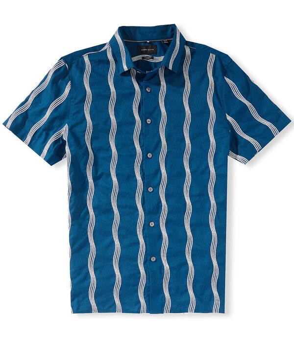 ペリーエリス メンズ トップス ティーシャツ 刷り上げる リネン Perry Ellis Linen Blend Wave Print Short Sleeve Woven Shirt Sailor Blue 青碧