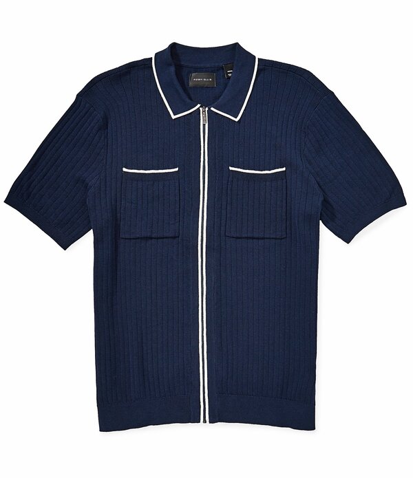 ペリーエリス メンズ トップス プルオーバー スウェーター Perry Ellis Full-Zip Sweater Polo Shirt Dark Sapphire サファイア