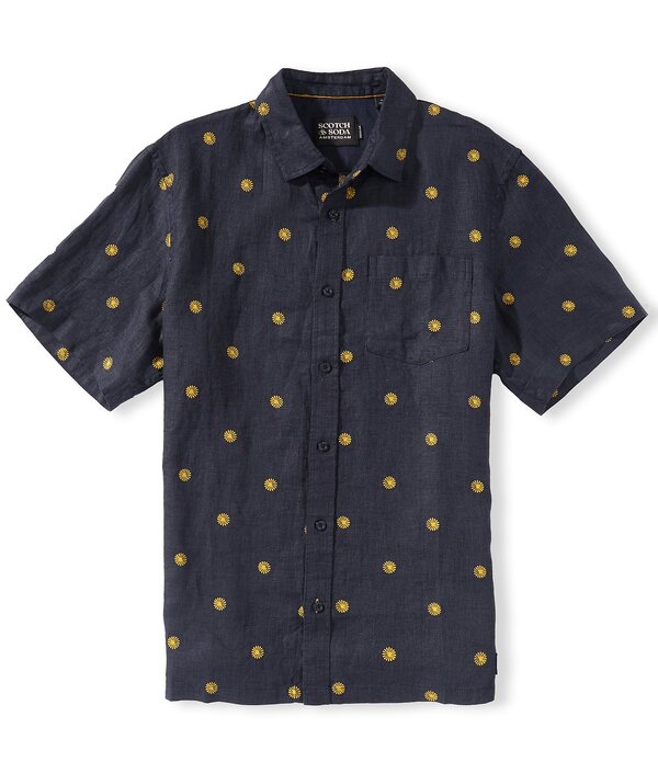 スコッチアンドソーダ メンズ トップス ティーシャツ レギュラー相応う 刷り上げる リネン Scotch \u0026 Soda Starts Linen Printed Regular Fit Short Sleeve Woven Shirtilestars Gold Flake ゴールド