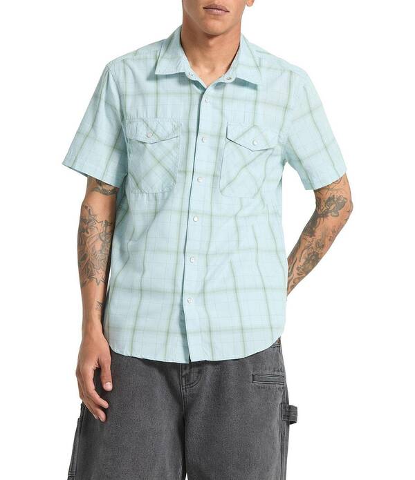 ブリクス米トン メンズ トップス プルオーバー 刷り上げる 半袖 Brixton Wayne Printed Short-Sleeve Woven Western Shirt Seafoam Plaid 照合のしるし