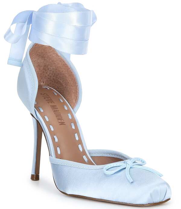 スティーブ マデン レディース シューズ 踵 繻子 スピード競技 Steve Madden Larina Satin Ballet Square Toe Stiletto Lace Up Dress Pumps Blue 青み