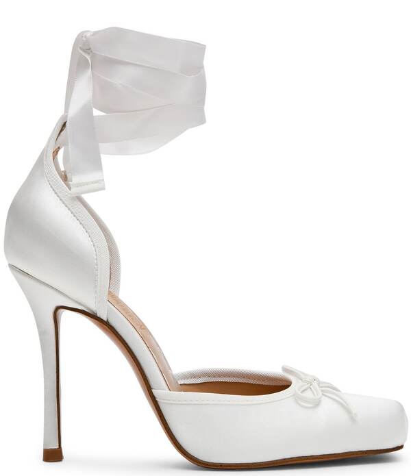 スティーブ マデン レディース シューズ 踵 繻子 スピード競技 Steve Madden Larina Satin Ballet Square Toe Stiletto Lace Up Dress Pumps Ivory 象牙色