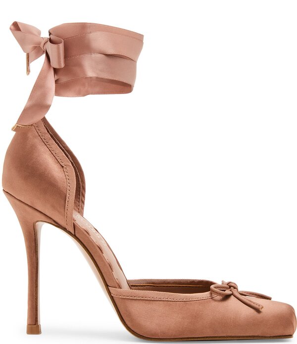 スティーブ マデン レディース シューズ 踵 繻子 スピード競技 Steve Madden Larina Satin Ballet Square Toe Stiletto Lace Up Dress Pumps Tan タン